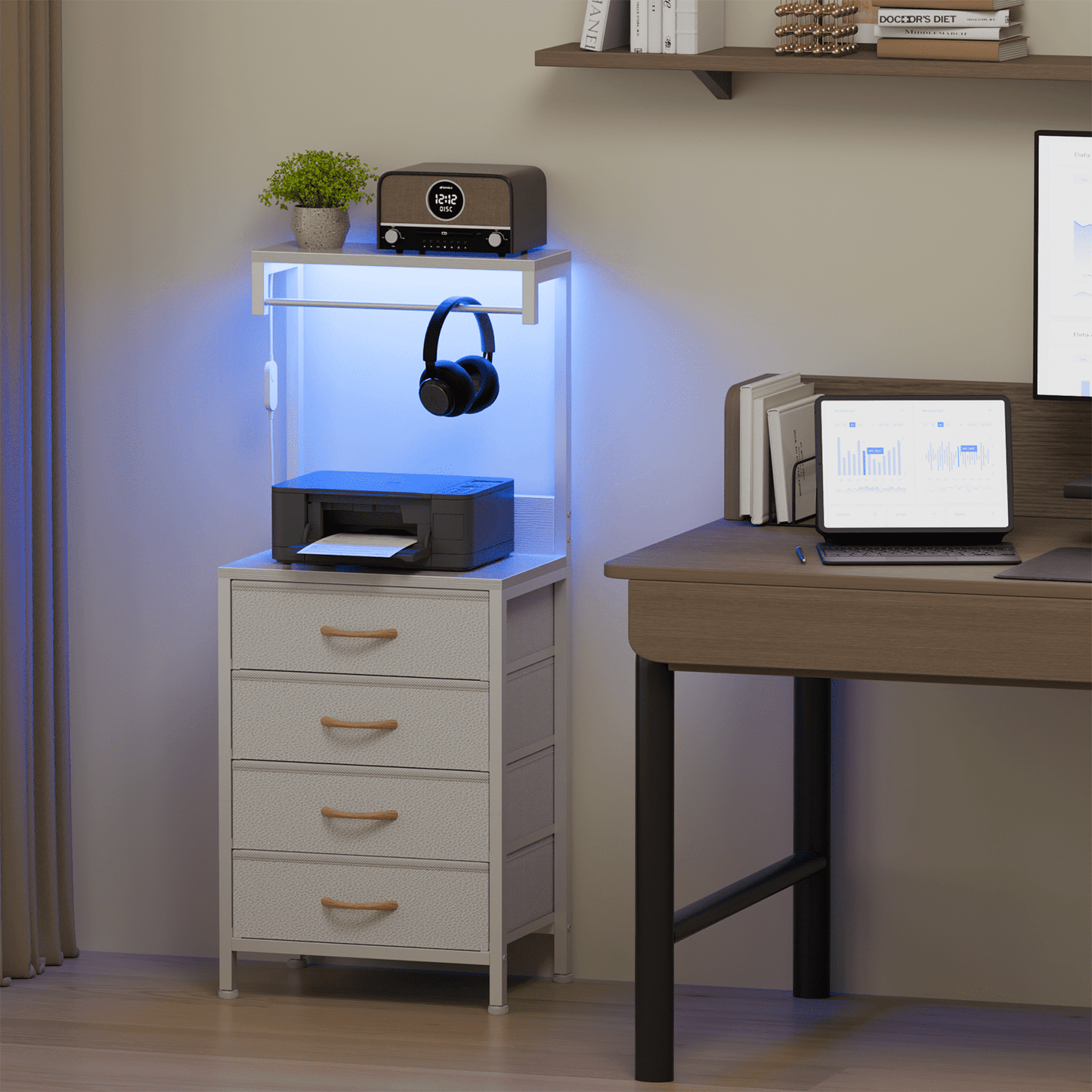 Satifur Tall Nightstand with Charging Station and Drawers, Bedside Table with 4 Fabric Drawers, LED Lights, and 2 Storage Shelves, White