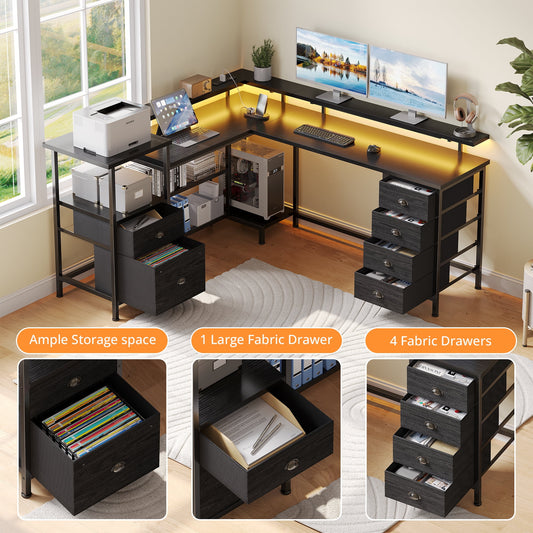 Satifur L Gaming Desk with Drawers and Outlet, Black Computer Desk with LED Light , Corner Desk with File Cabinet & Shelves