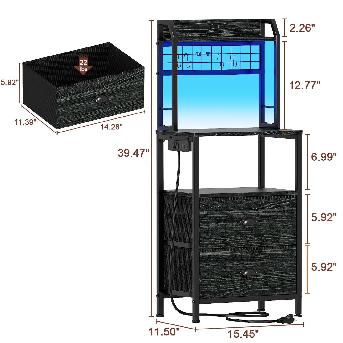 Satifur Tall Nightstand with Hutch, Charging Station, Pegboard & Drawers,Multifunctional Bedside Table with USB Ports, Black Oak