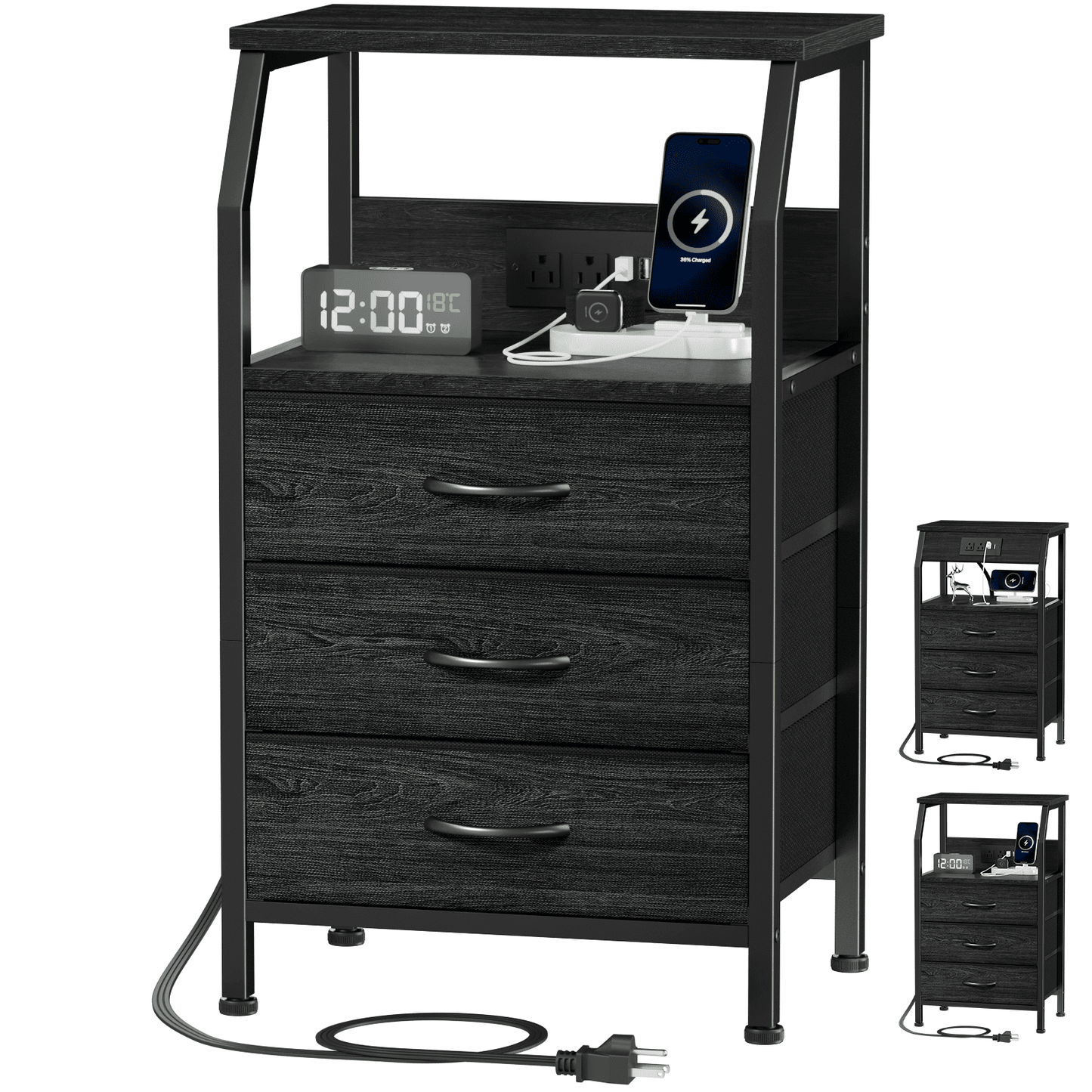 TYDIMOR Nightstand Bedside Table with Charger Station, 3 Drawer Dresser for Bedroom, Black, Adult