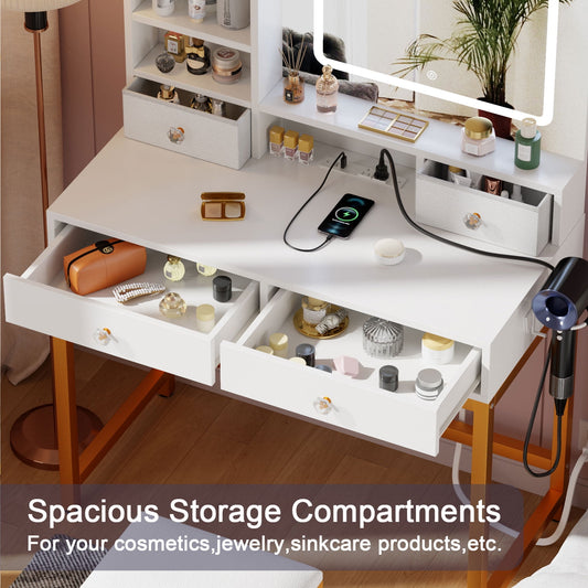 Satifur Lighted Makeup Vanity Set, Women Dressing Table with Outlets, Vanity Desk with Drawers & Stool