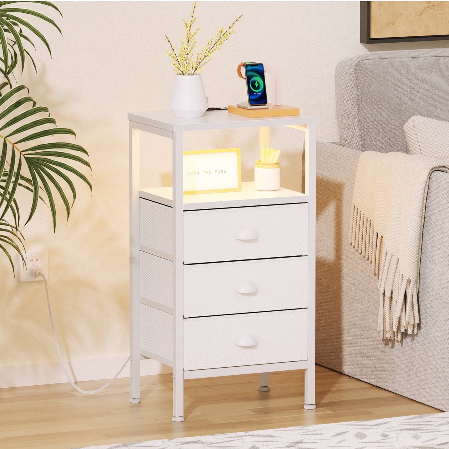 Satifur Night Stand with Charging Station,LED Nightstand with USB Ports and Outlets,Fabric Drawers Bed Side Table,White