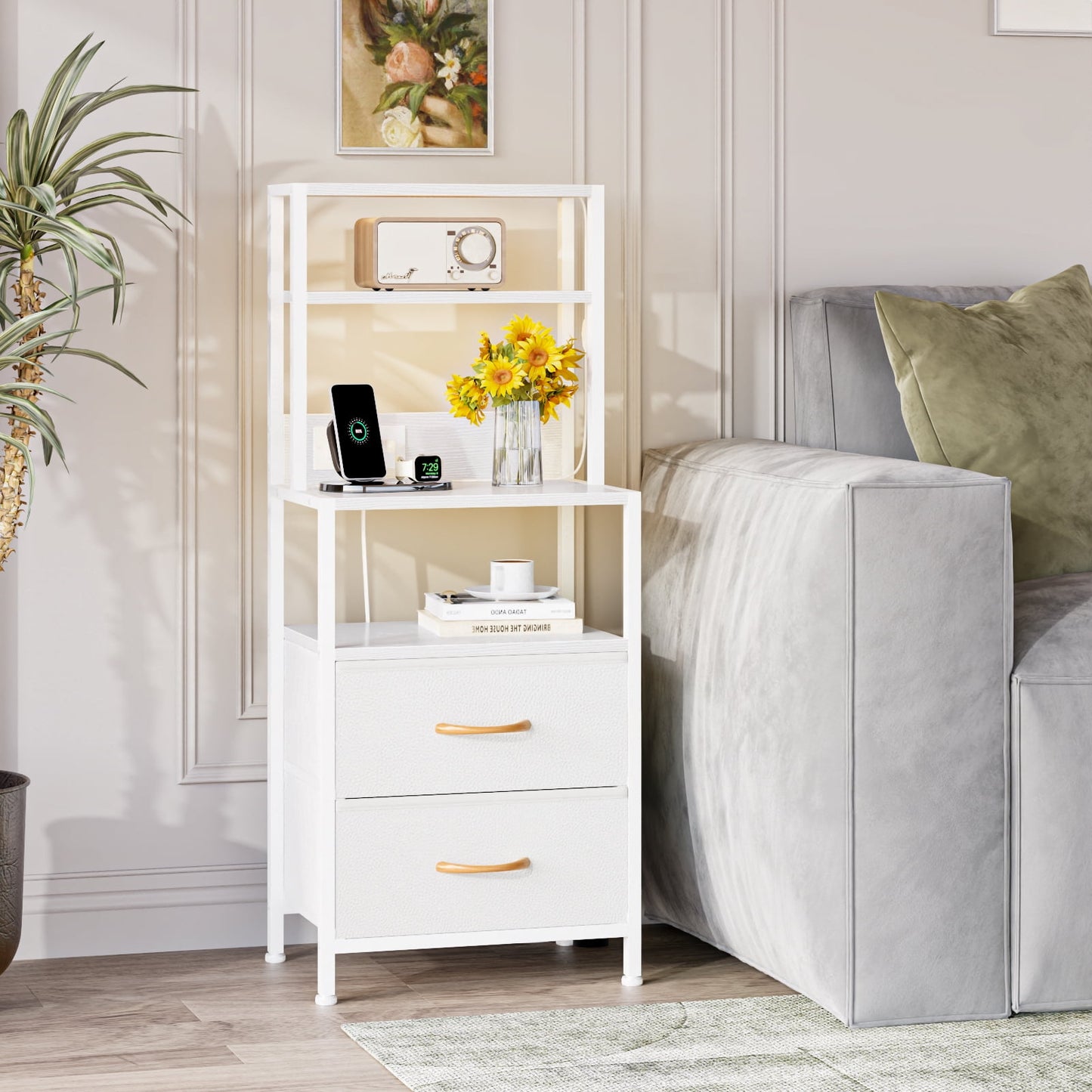 Satifur Tall LED Nightstand,Bedside Table with Charging Station,2 Fabric Drawers & Shelfs for Bedroom Living Room,White
