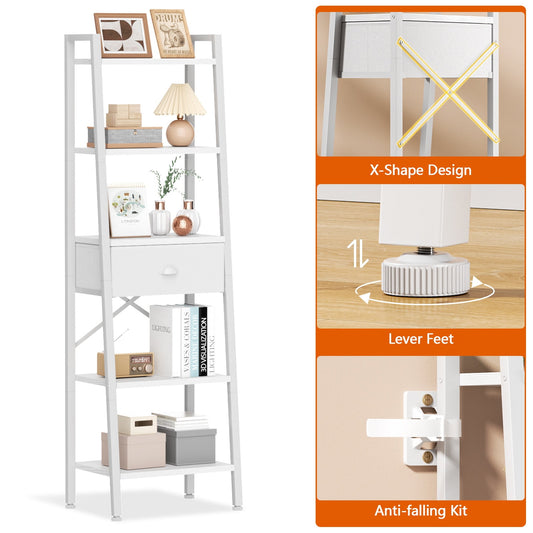 Tydimor 5-Tier 59.5" Ladder Bookshelf with Removable Drawers Narrow Bookcase for Living Room,White
