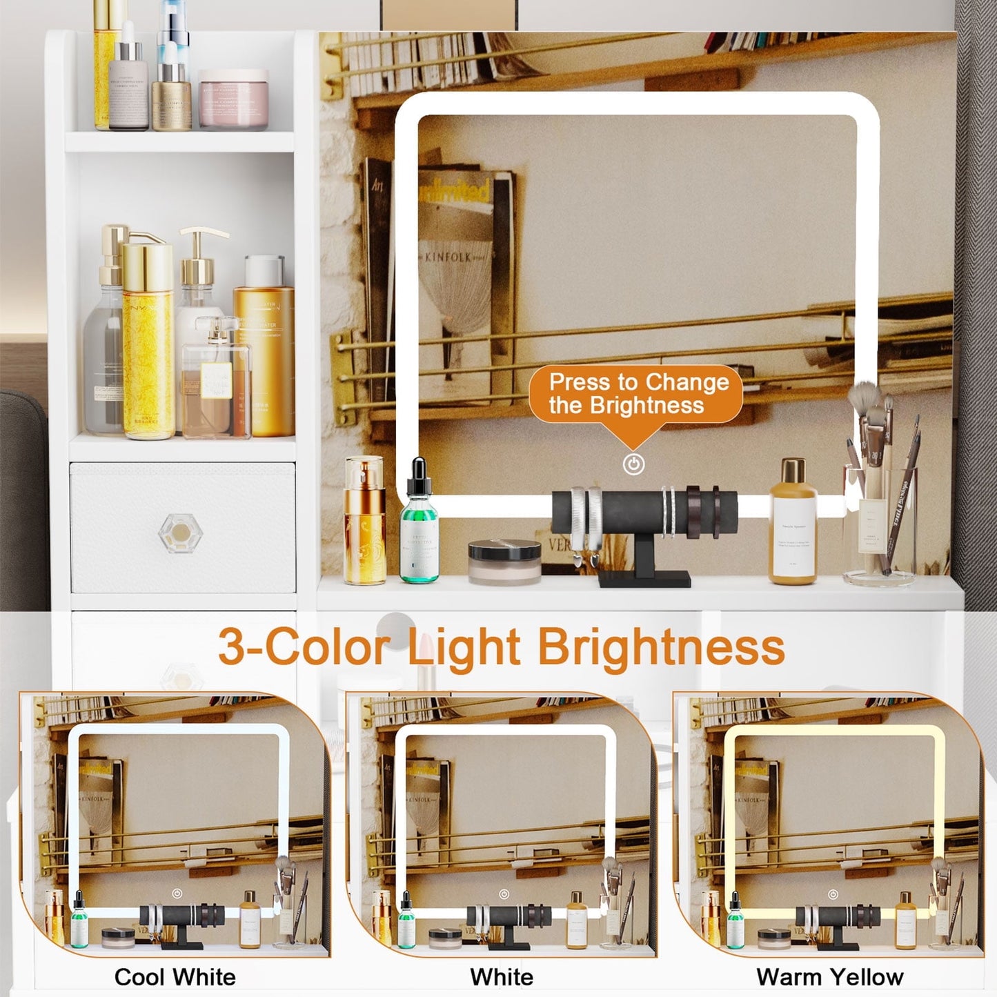 Hexmn white makeup Vanity Set with mirror and lights, USB dressing tables with drawers storage for adult women girls