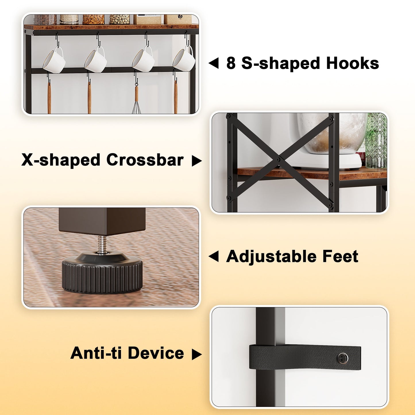 TYDIMOR Kitchen Bakers Rack with Outlets, Coffee Bar Table 4 Tiers Microwave Stand, Brown
