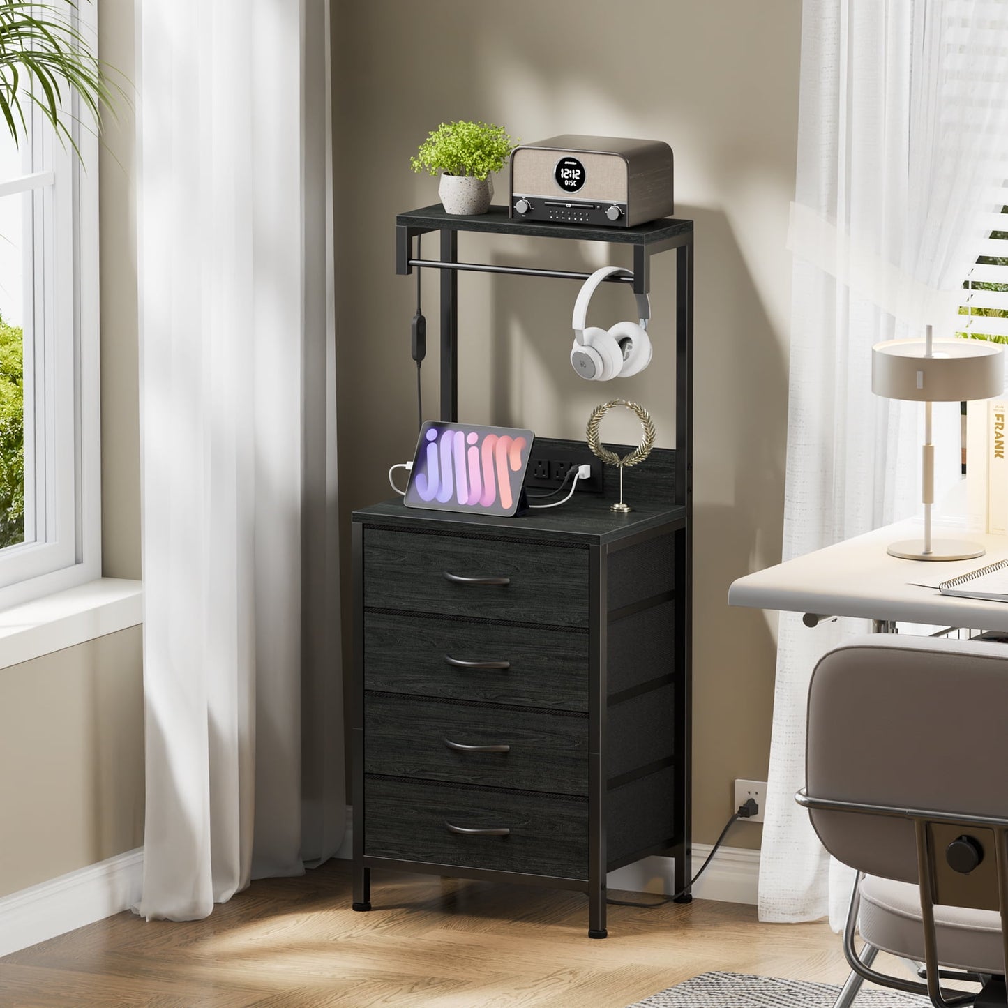 Satifur Tall Nightstand with Charging Station and Drawers, Bedside Table with 4 Fabric Drawers, LED Lights, and 2 Storage Shelves, Black Oak