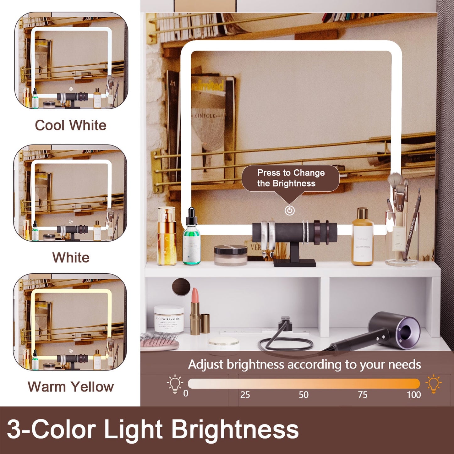 Satifur Lighted Makeup Vanity Set, Women Dressing Table with Outlets, Vanity Desk with Drawers & Stool