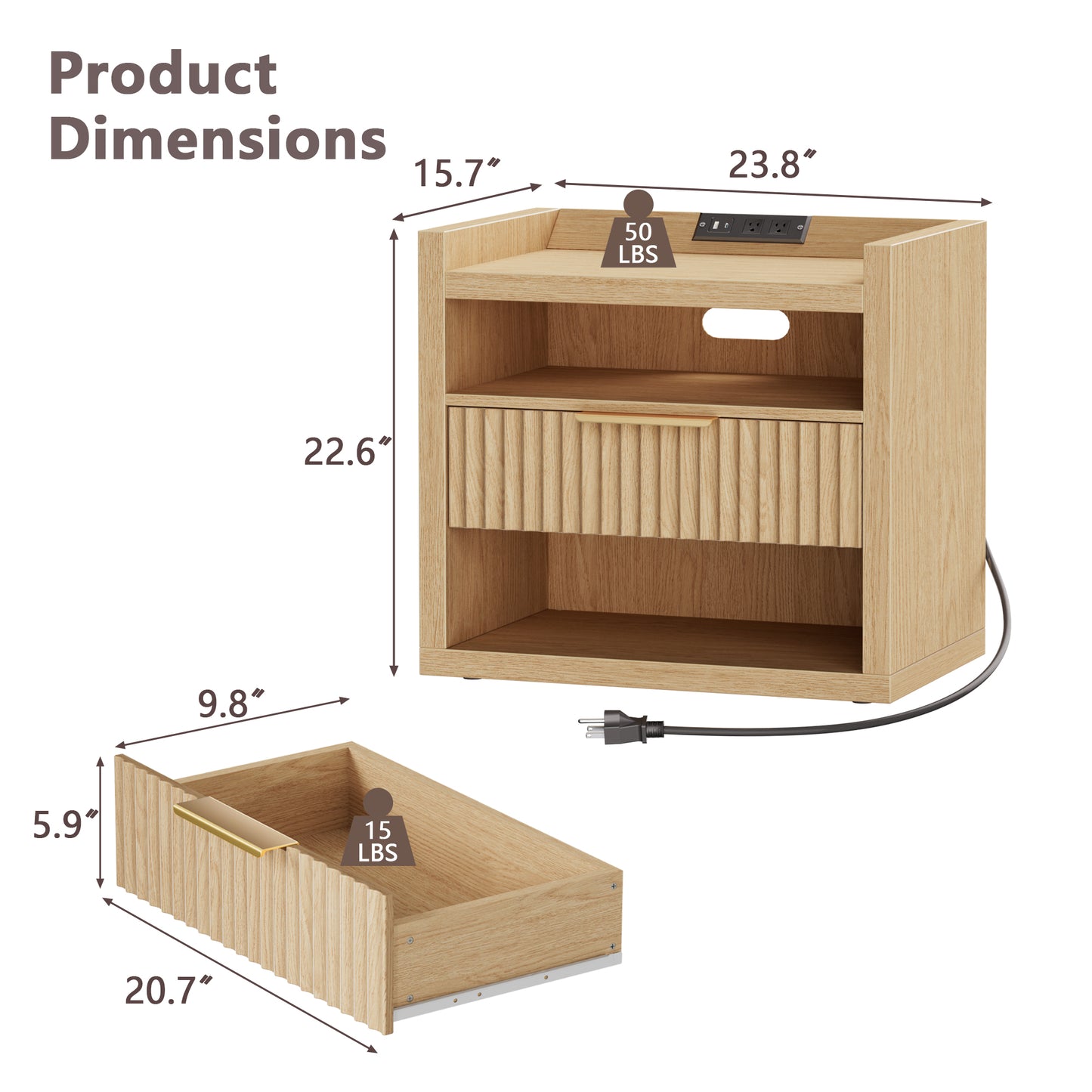 Satifur Modern Fluted Nightstand Set of 2 with Charging Station & 2 Storage Drawer for Bedroom