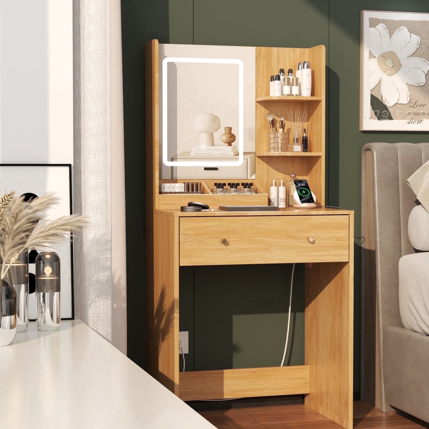 Satifur Vanity Desk with Mirror & Lights, GRWM Vanity with Drawers & Storage Shelves, Makeup Dressing Table with Charging, Nature