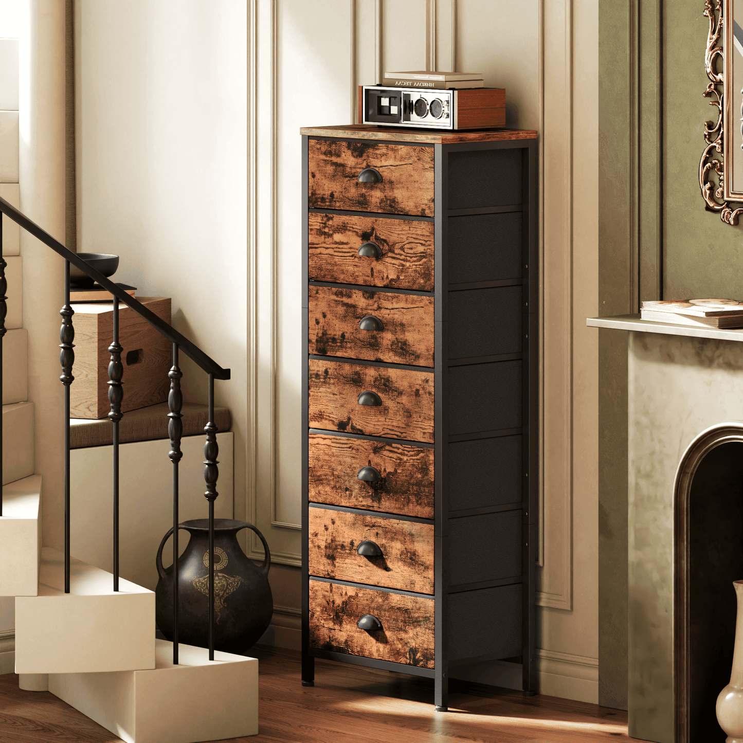 Tydimor 7-Drawer Tall Dresser Bedside Fabric Nightstand with Storage,Rustic Brown