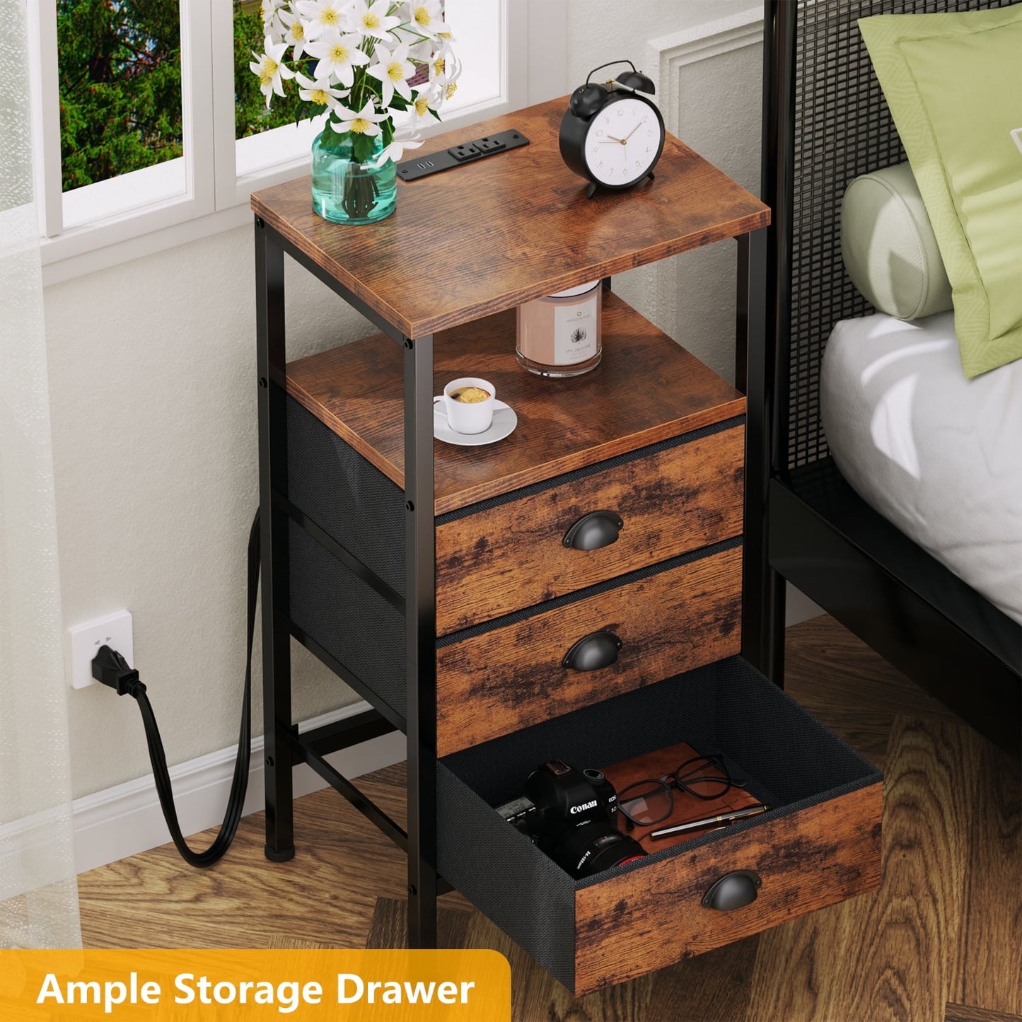 Satifur Nightstand with Charging Station Bedside Table with Fabric Storage Drawers, Rustic Brown