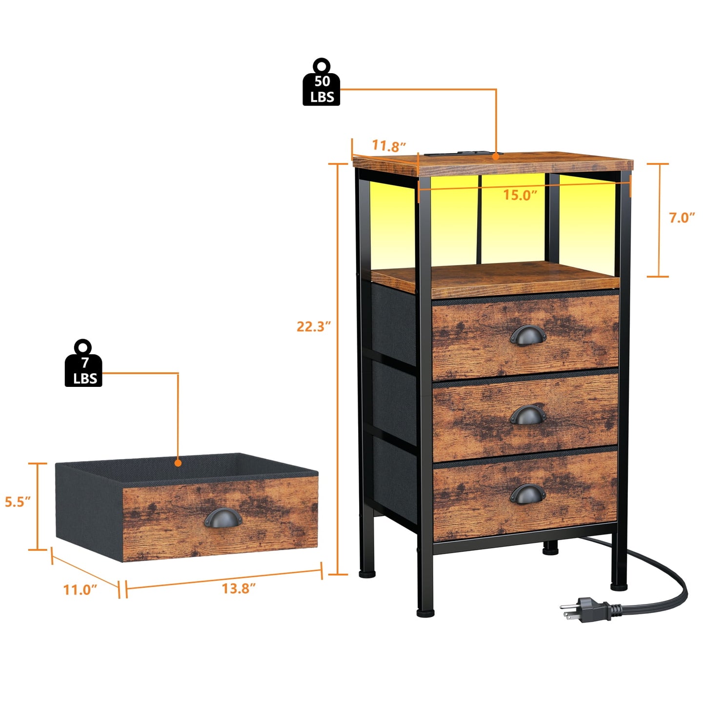 Satifur Night Stand with Charging Station,LED Nightstand with USB Ports and Outlets,Fabric Drawers Bed Side Table,Rustic Brown