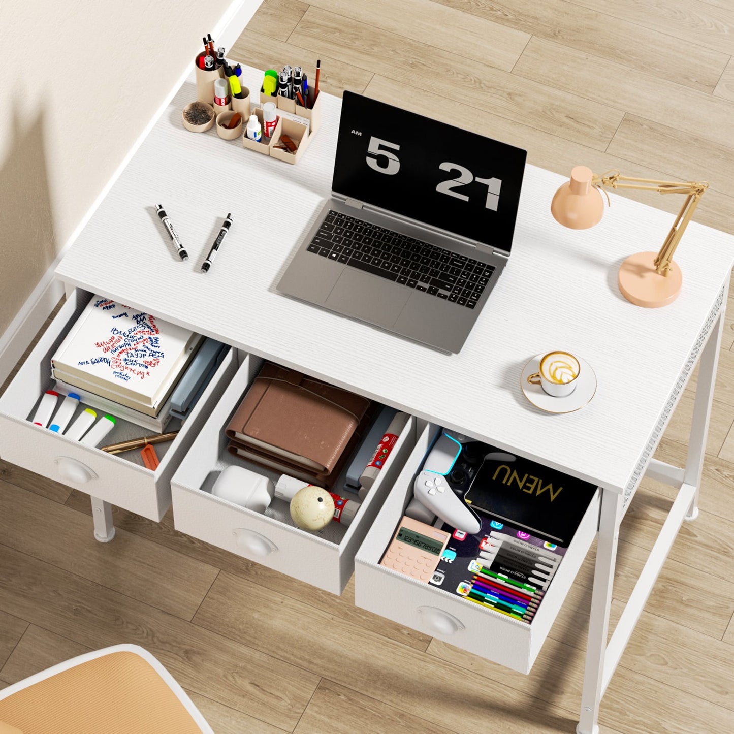 Satifur White Desk with Drawers & Hooks, Computer Writing Desk with 3 Fabric Drawers for Bedroom, Home Office