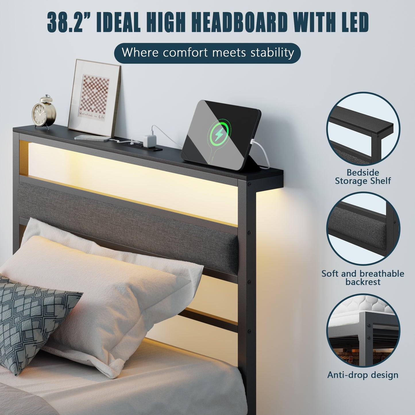 Tydimor Twin Size Bed Frame with USB Charging Station, LED Lights & Upholstered Headboard & Shelf, Metal Black