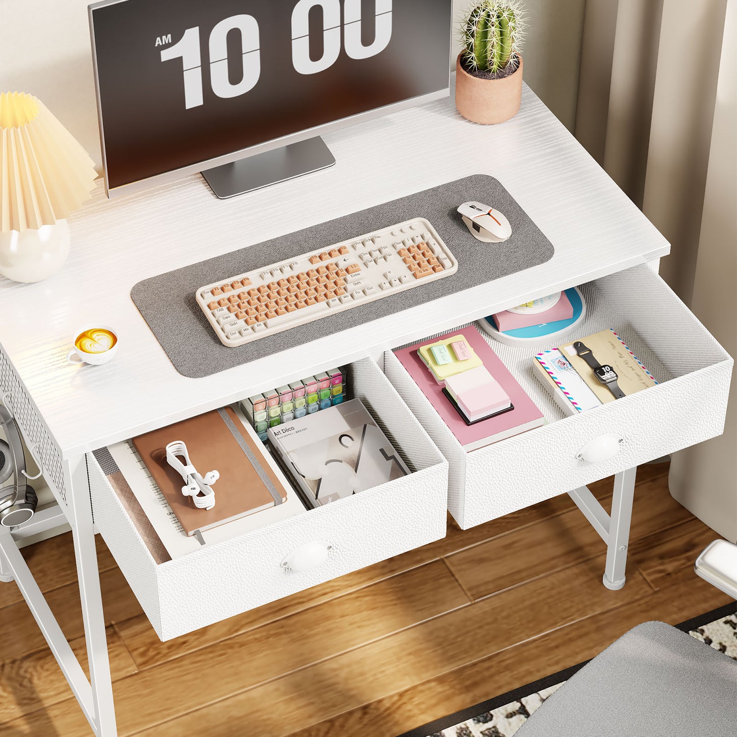 Satifur White Writing Desk with Drawers & Hooks, 34" Computer Desk with 2 Fabric Drawers