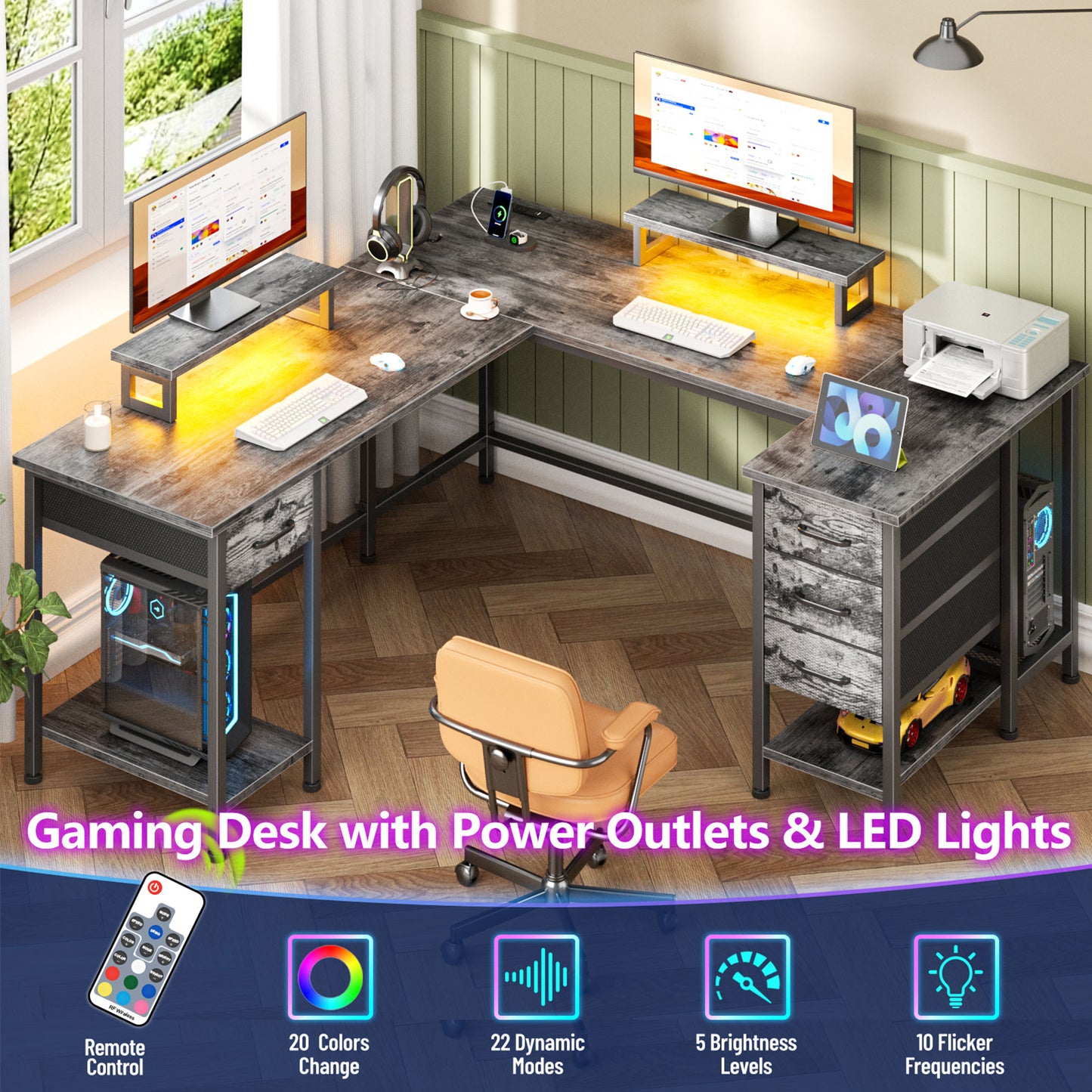 Satifur Computer Desk with Power Outlet & LED Light, Home Office Writting Desk for 2 Person 93" with Drawers & Monitor Stands, Grey