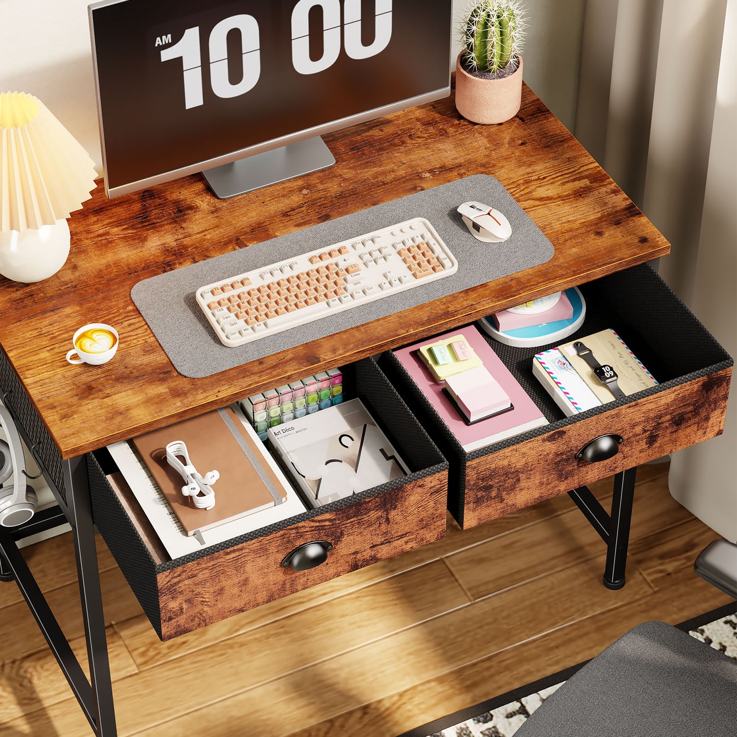 Satifur Computer Desk with Drawers & Hooks, 34" Writing Desk with 2 Fabric Drawers for Bedroom, Rustic Brown