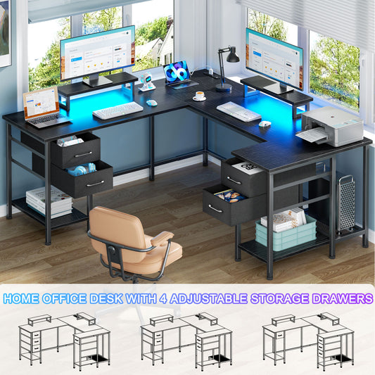 Satifur Computer Desk with Power Outlet & LED Light, Home Office Writting Desk for 2 Person 93" with Drawers & Monitor Stands, Black