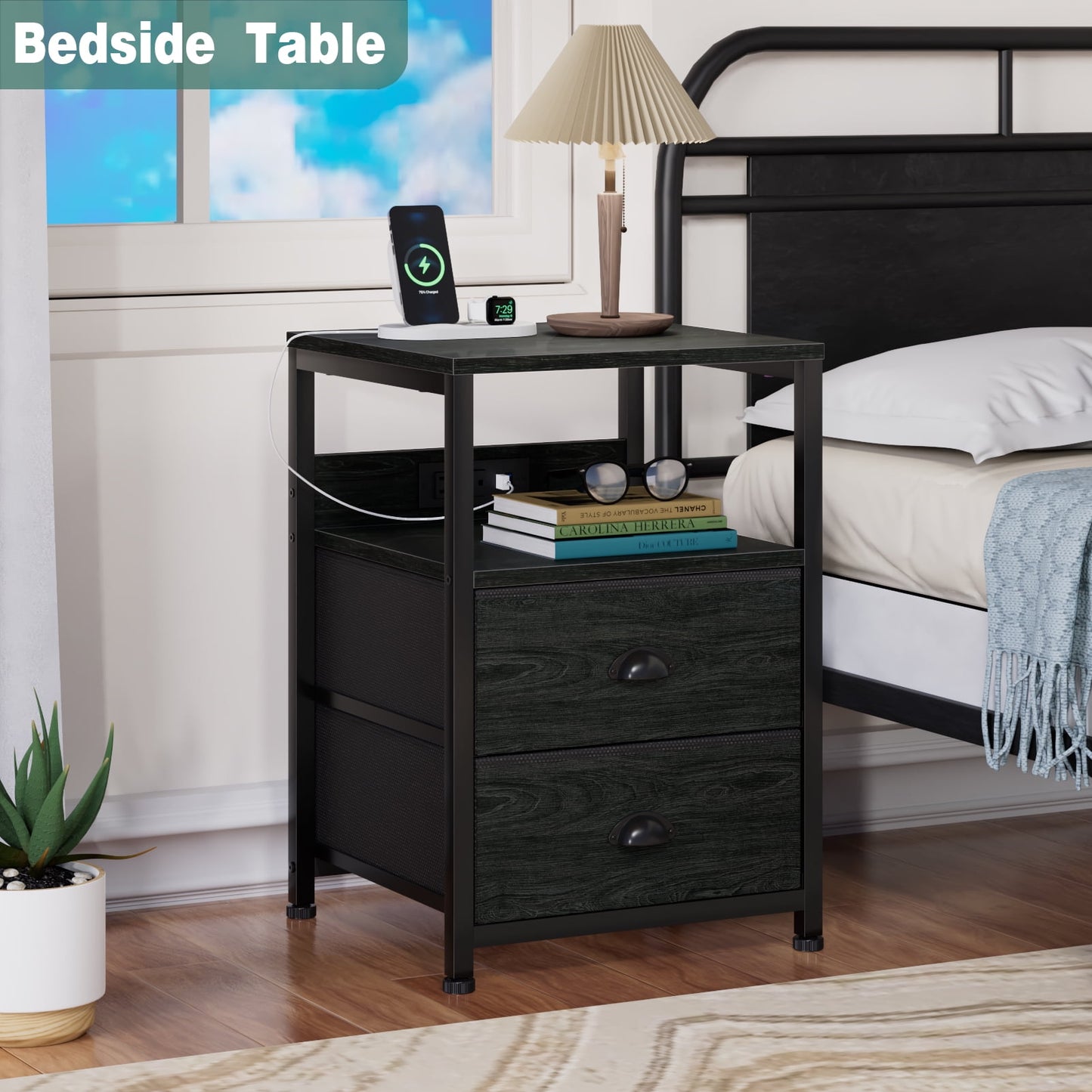 Satifur Nightstand Set of 2, Side End Table with Charging Station, Black Oak