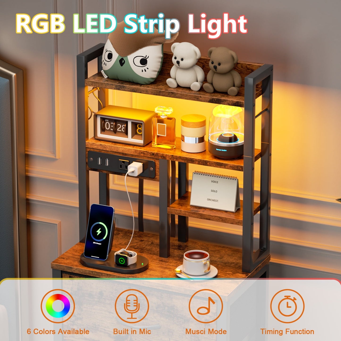 Satifur Tall Nightstand with Charging Station and LED Lights, Bedside Table with Drawers and Bookshelf, Rustic Brown