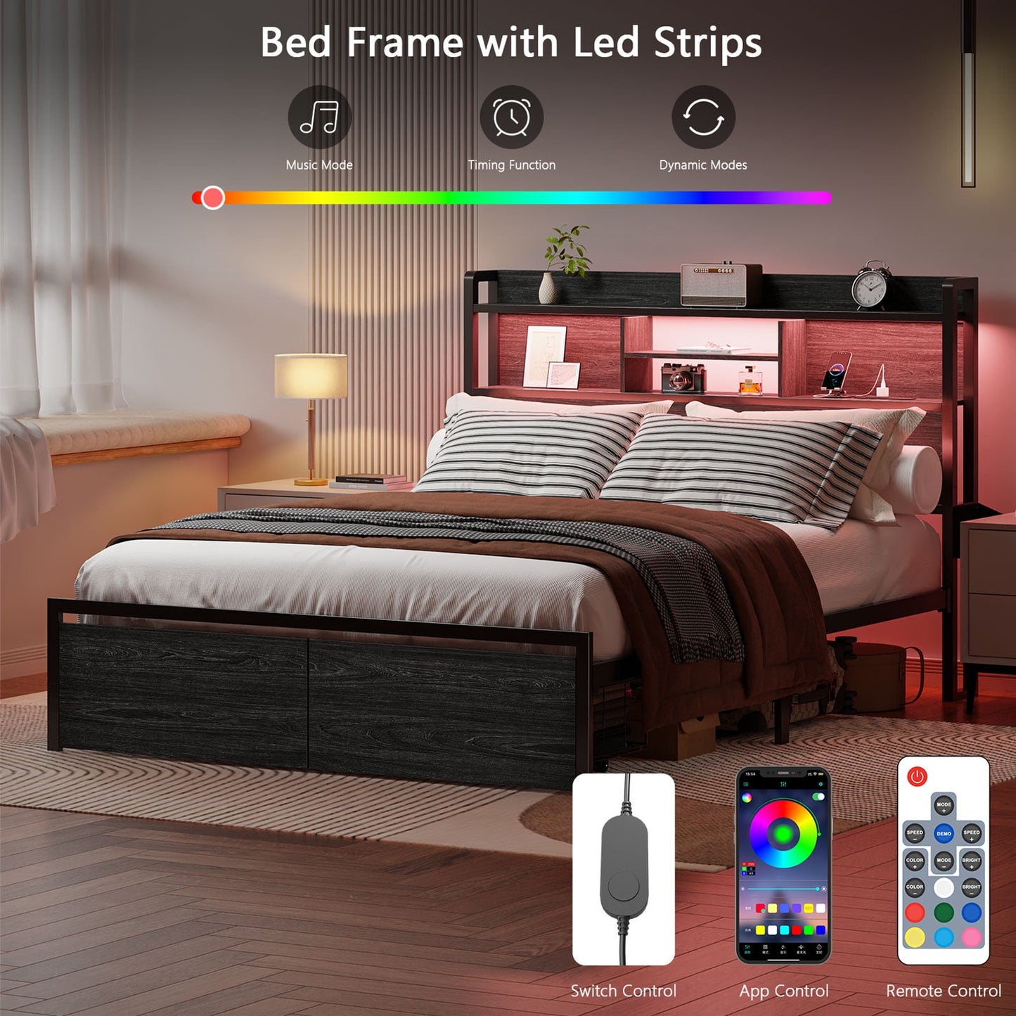 Satifur Queen Size LED Light Bed Frame with Storage Shelf and USB Ports, Full Bed with Drawers and RGB LED Lights