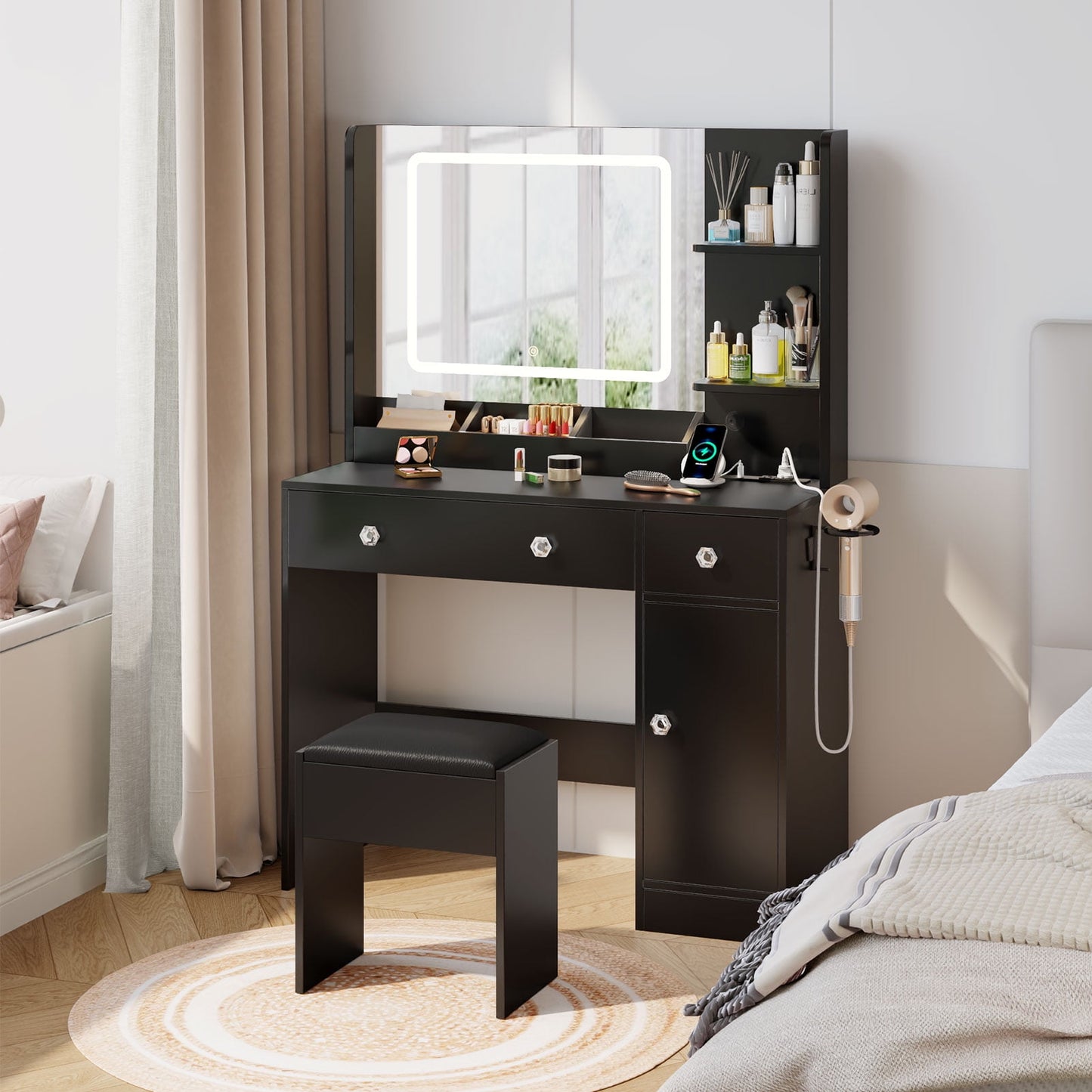 Tydimor Vanity Desk with Mirror & Lights, GRWM Vanity Set with Drawers & Storage Shelves, Makeup Dressing Table with Stool & Charging, Black
