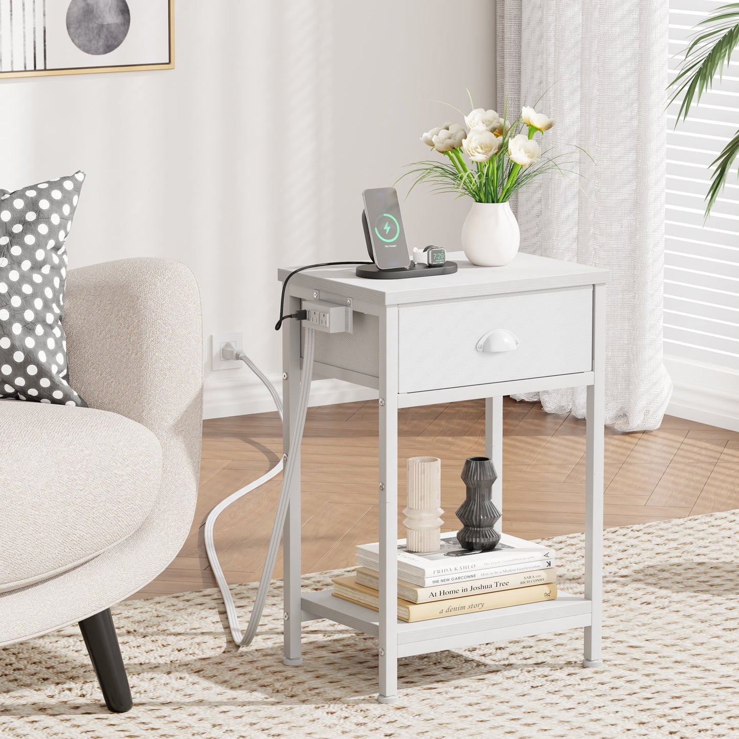Satifur Nightstand with Charging Station for Bedroom,Side End Table with Outlets & USB Ports,White