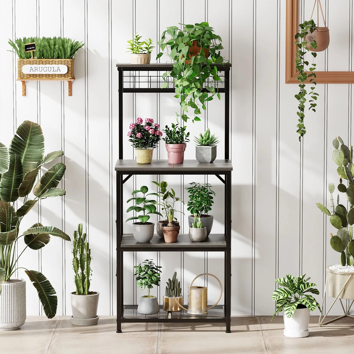 TYDIMOR Kitchen Bakers Rack with Outlets, Coffee Bar Table 4 Tiers Microwave Stand, Light Black Oak