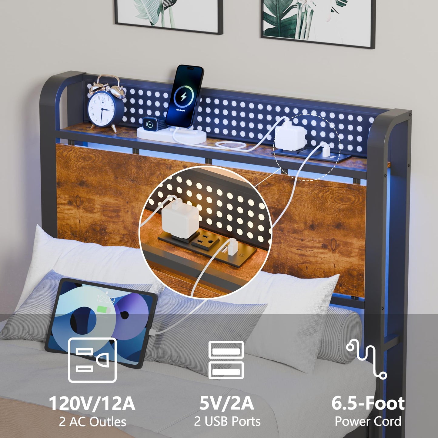 Tydimor Full RGB LED Strip Platforrm Bed Frames with Headboard Metal, Storage Shelves & Underbed, Niose Free, No Box Spring Needed