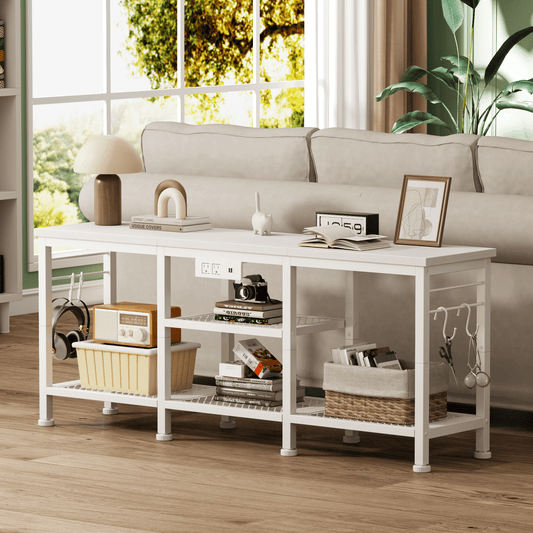 Tydimor Vintage TV Stand with Power Outlet for TVs up to 55" TVs with Open Storage Shelves and Metal Frame, White