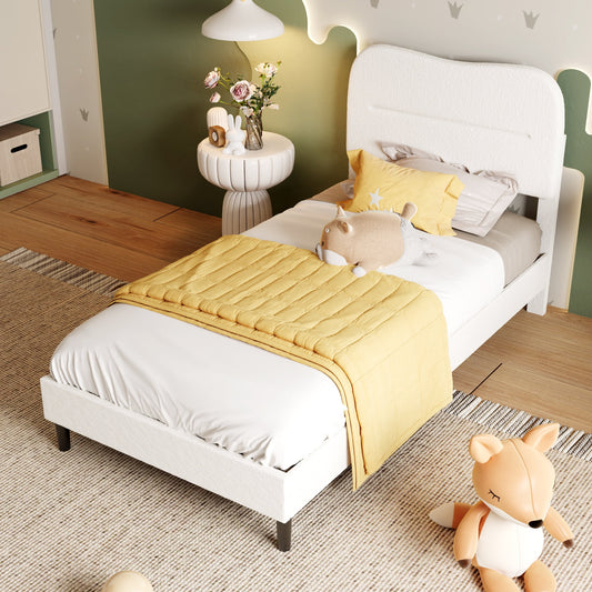 Satifur Twin Bed Frame with Teddy Velvet Soft Curved Headboard, Platform Bed Easy Assembly, Noise-Free, White