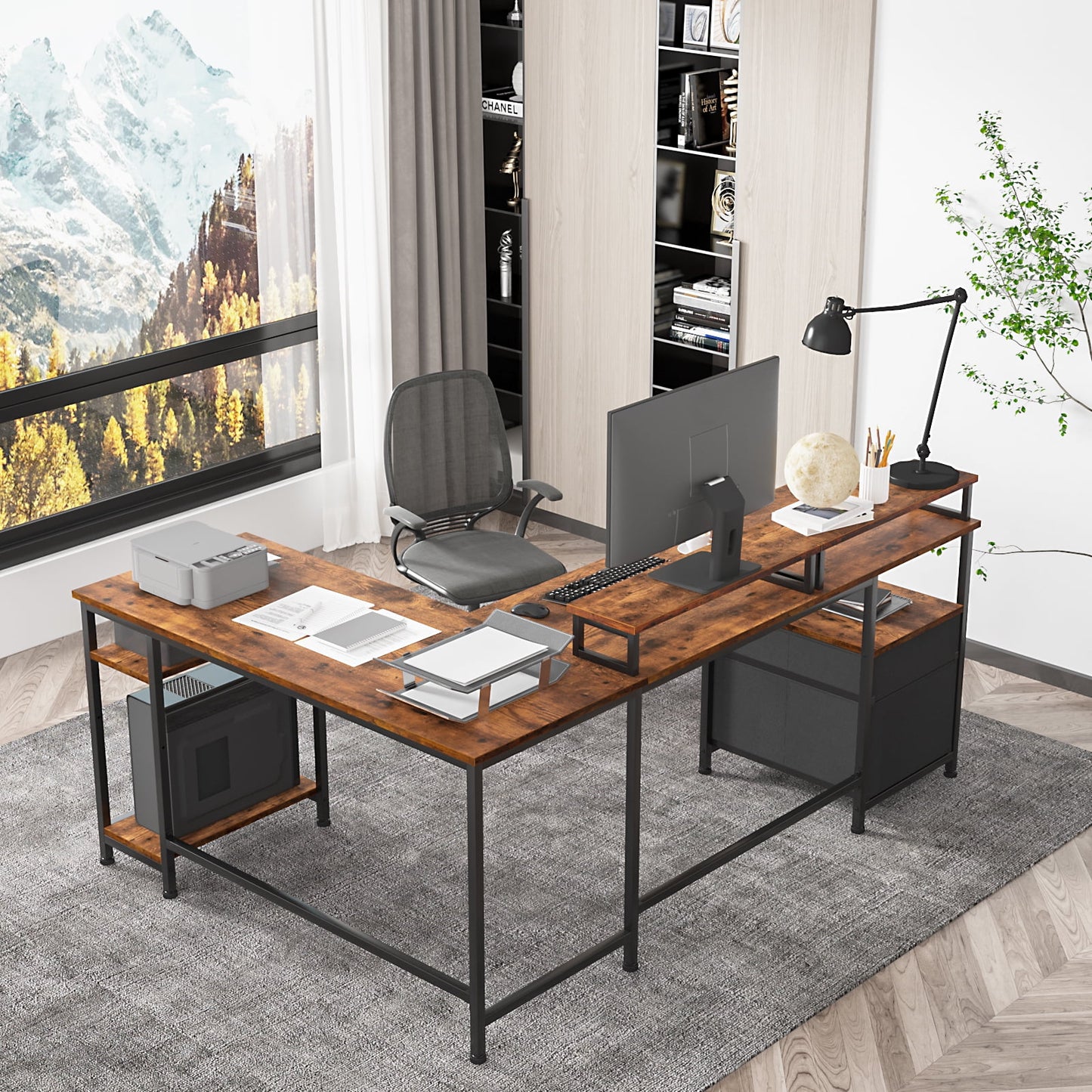 Furologee Computer Desk, Adult Collection L-Shaped MultiFuntional Rustic Desk, Rustic Brown