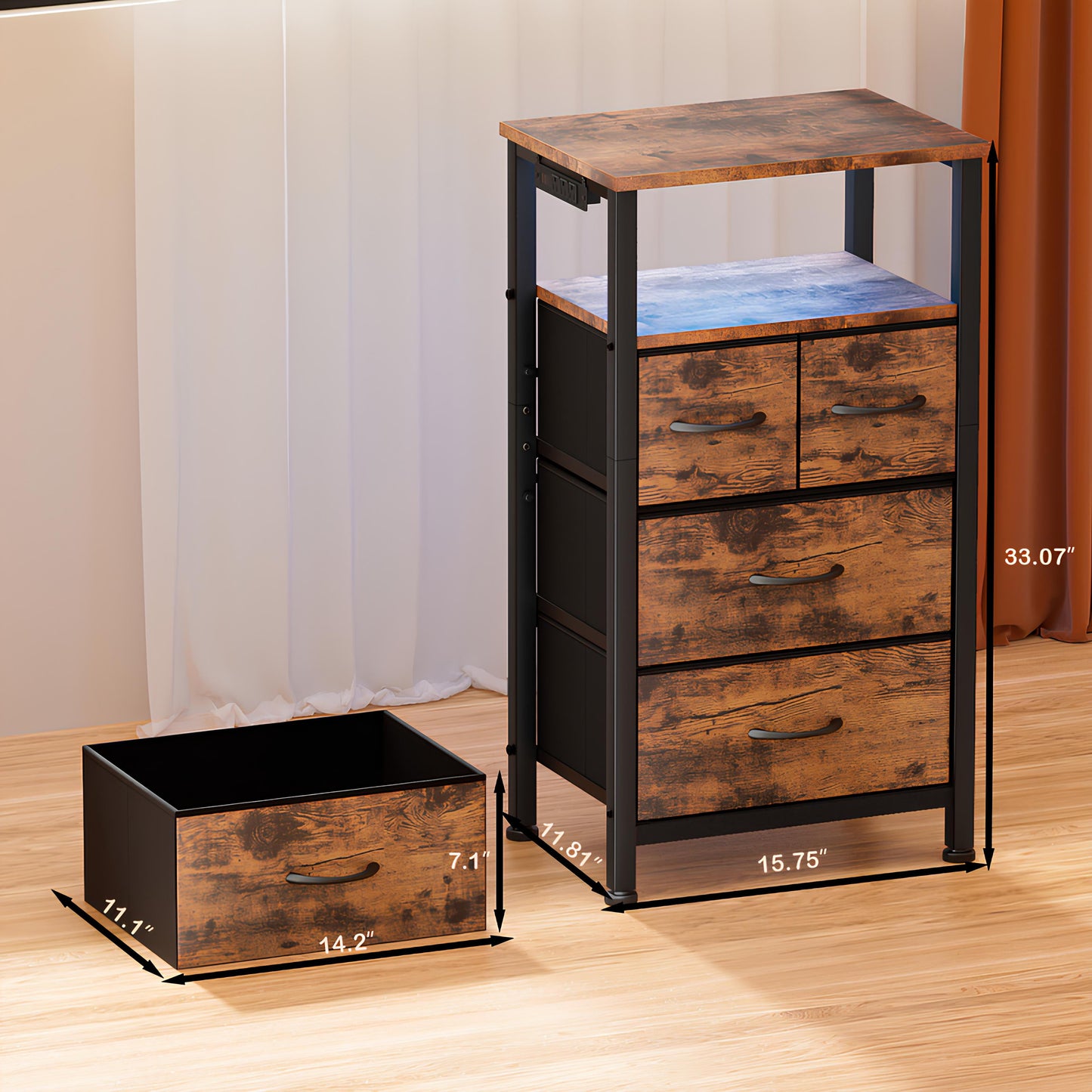 TYDIMOR 4 Drawer Dresser,Small Dresser with Charging Station and LED, Brown, for Bedroom and Living Room