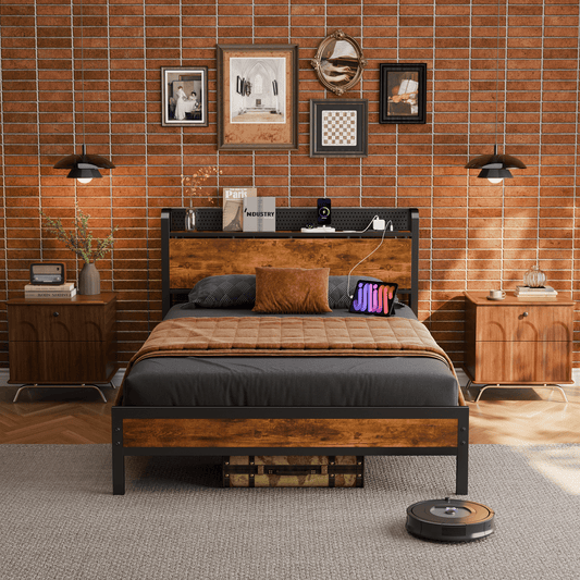 Tydimor Full RGB LED Strip Platforrm Bed Frames with Headboard Metal, Storage Shelves & Underbed, Niose Free, No Box Spring Needed