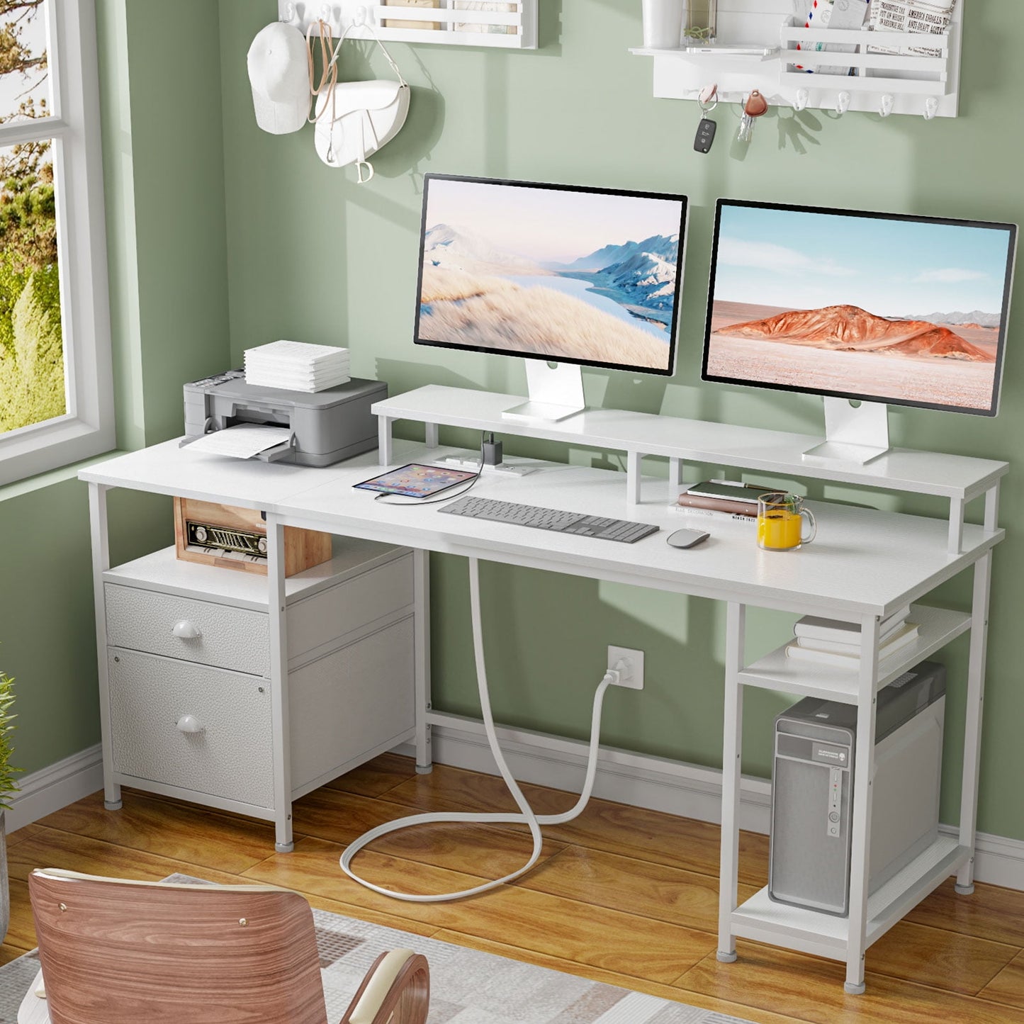 Furologee Gaming Desk with LED Light & Power Outlets, Reversible Computer Desk with File Cabinet & Drawer, White Writing Table with Dual Monitor Stand for Home/Office