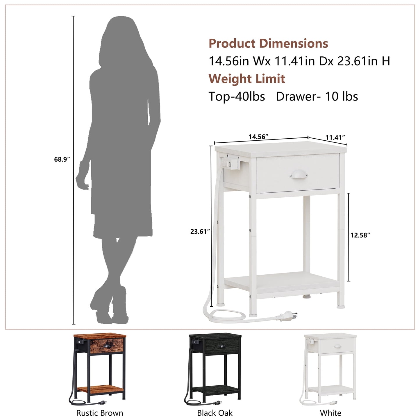 Satifur Nightstand with Charging Station for Bedroom,Side End Table with Outlets & USB Ports,White