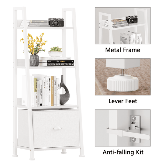 Tydimor 4-Tier Ladder Bookshelf With Drawer, Leaning Bookcase Storage Display Shelf, White