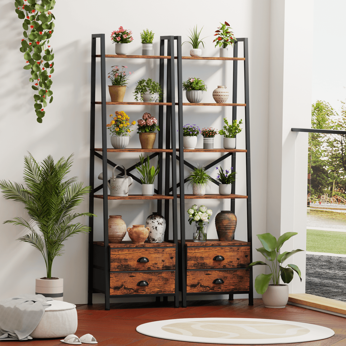 Tydimor 5-Tier 64"H Industrial Bookshelf with 2 Removable Drawers Narrow Bookcase for Living Room,Rustic Brown