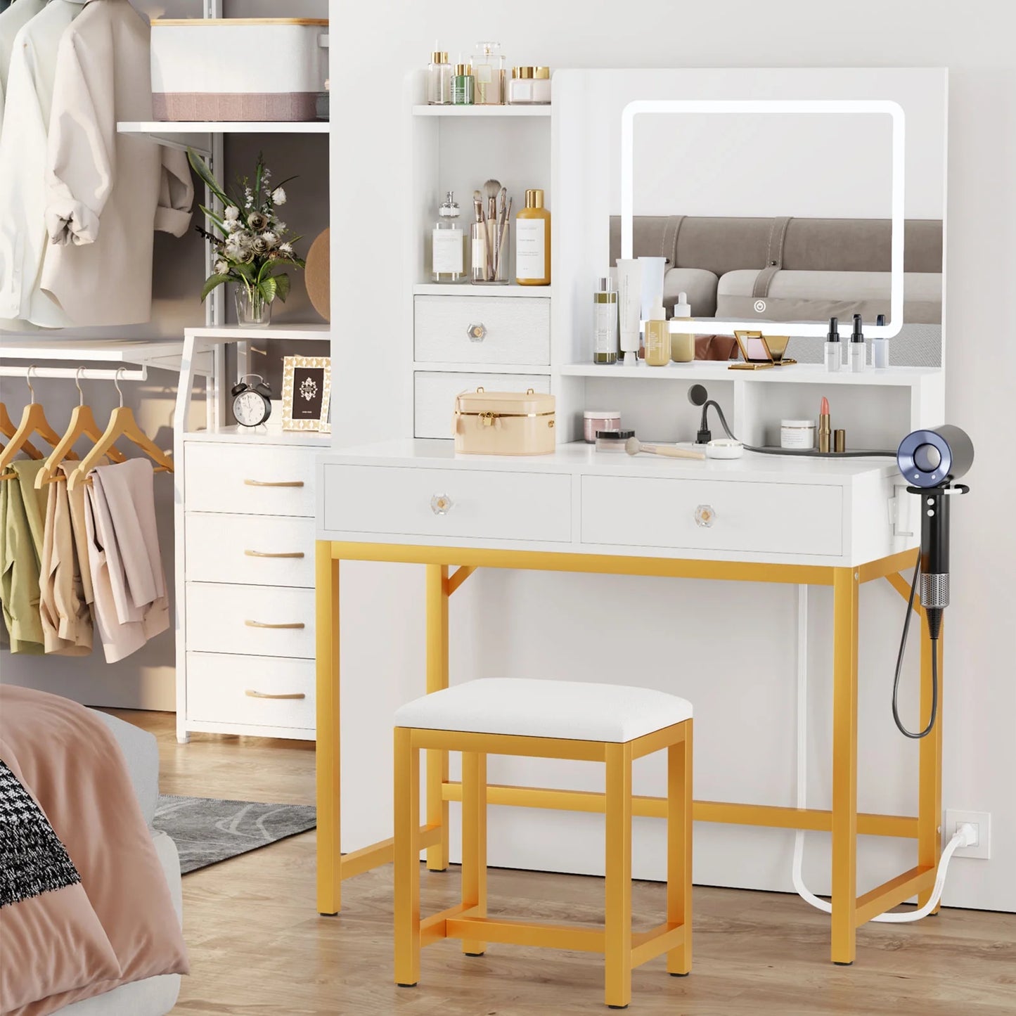 Tydimor Lighted Makeup Vanity Set, Women Dressing Table with Outlets, Vanity Desk with Drawers & Stool