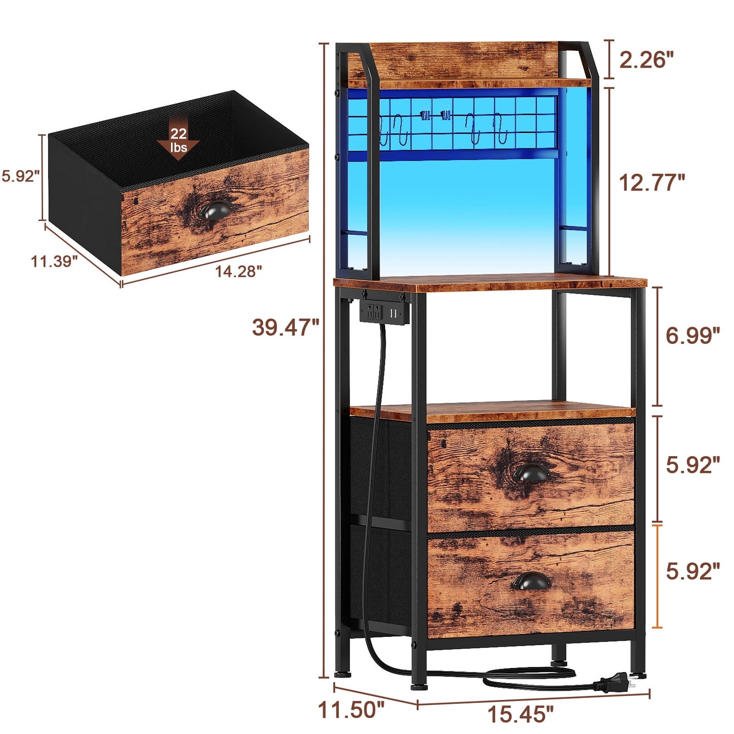 Satifur Tall Nightstand with Hutch, Charging Station, Pegboard & Drawers,Multifunctional Bedside Table with USB Ports, Rustic Brown