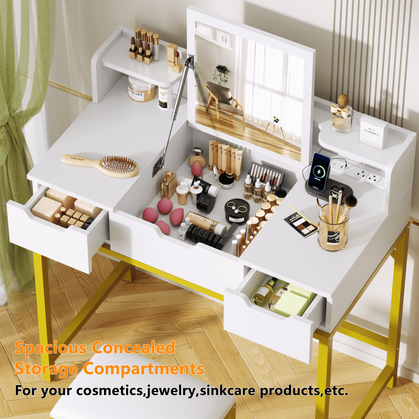 Satifur Vanity Desk 2 in 1 Design with Mirror and Charging Station Makeup Table with Chair and Storage Space