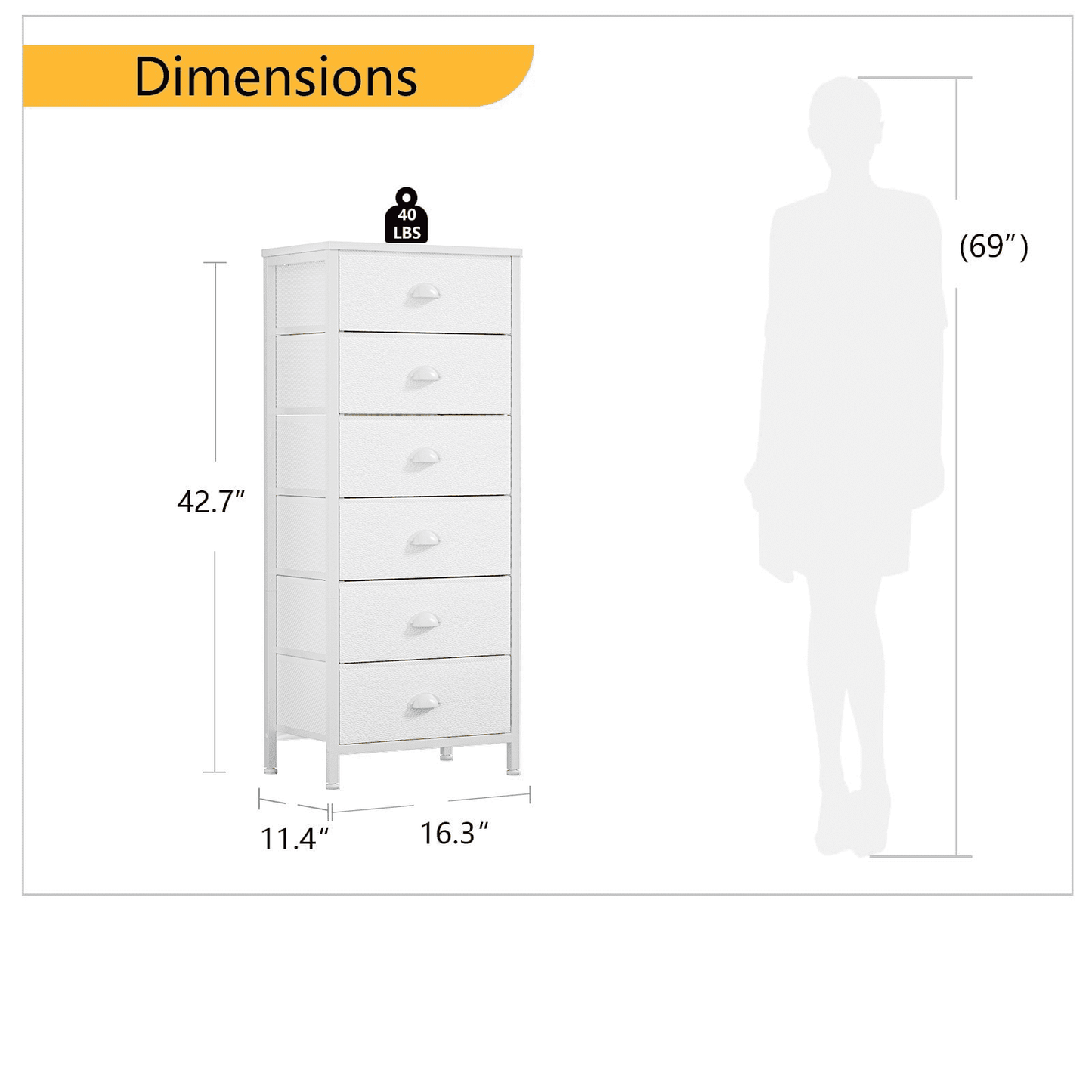 Tydimor 6 Drawer Dresser,Chest of Drawers for Bedroom Tall Fabric Dresser,White
