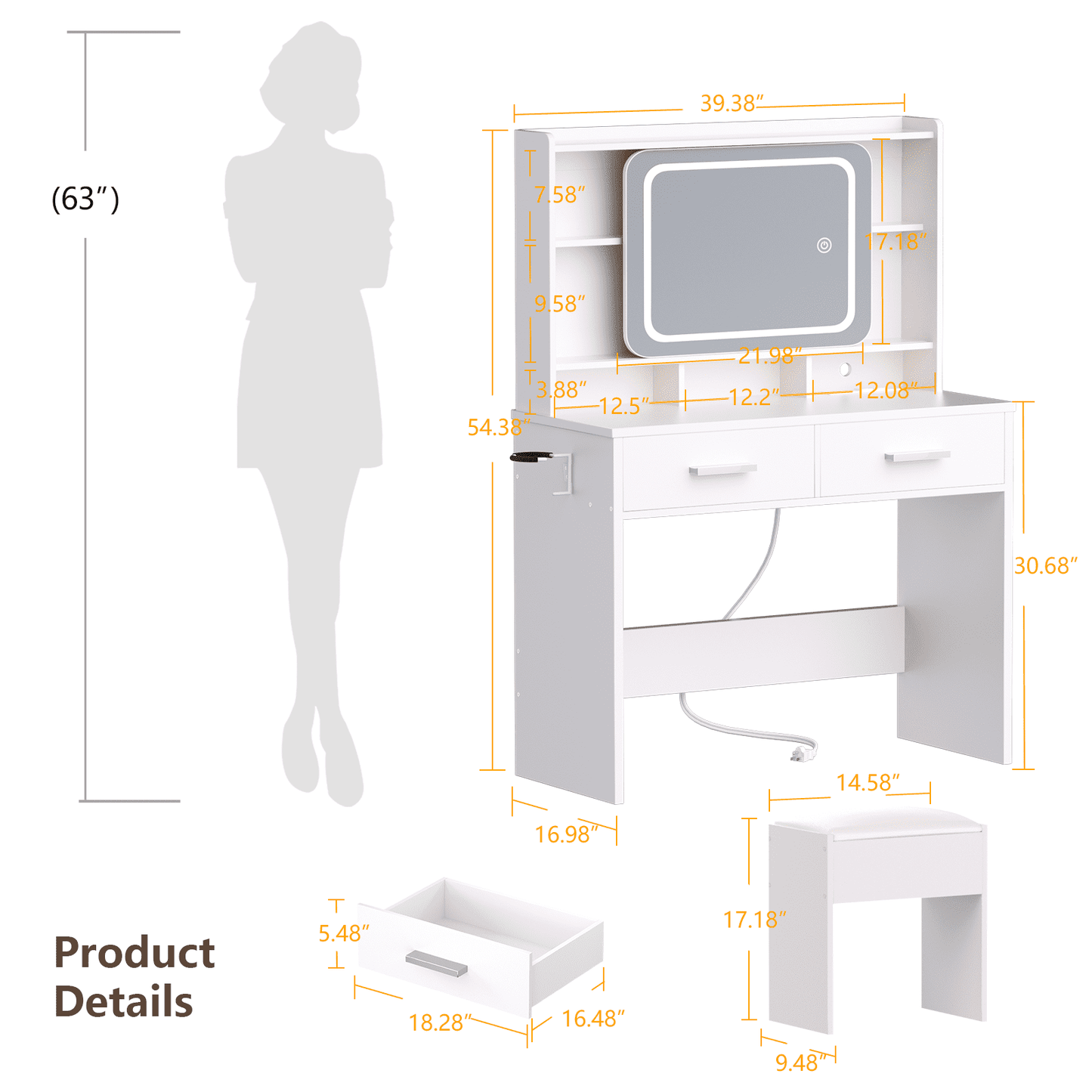 Hexmn sliding lighted mirror Vanity Set with charging station, makeup bathroom dressing tables with drawers storage for adult