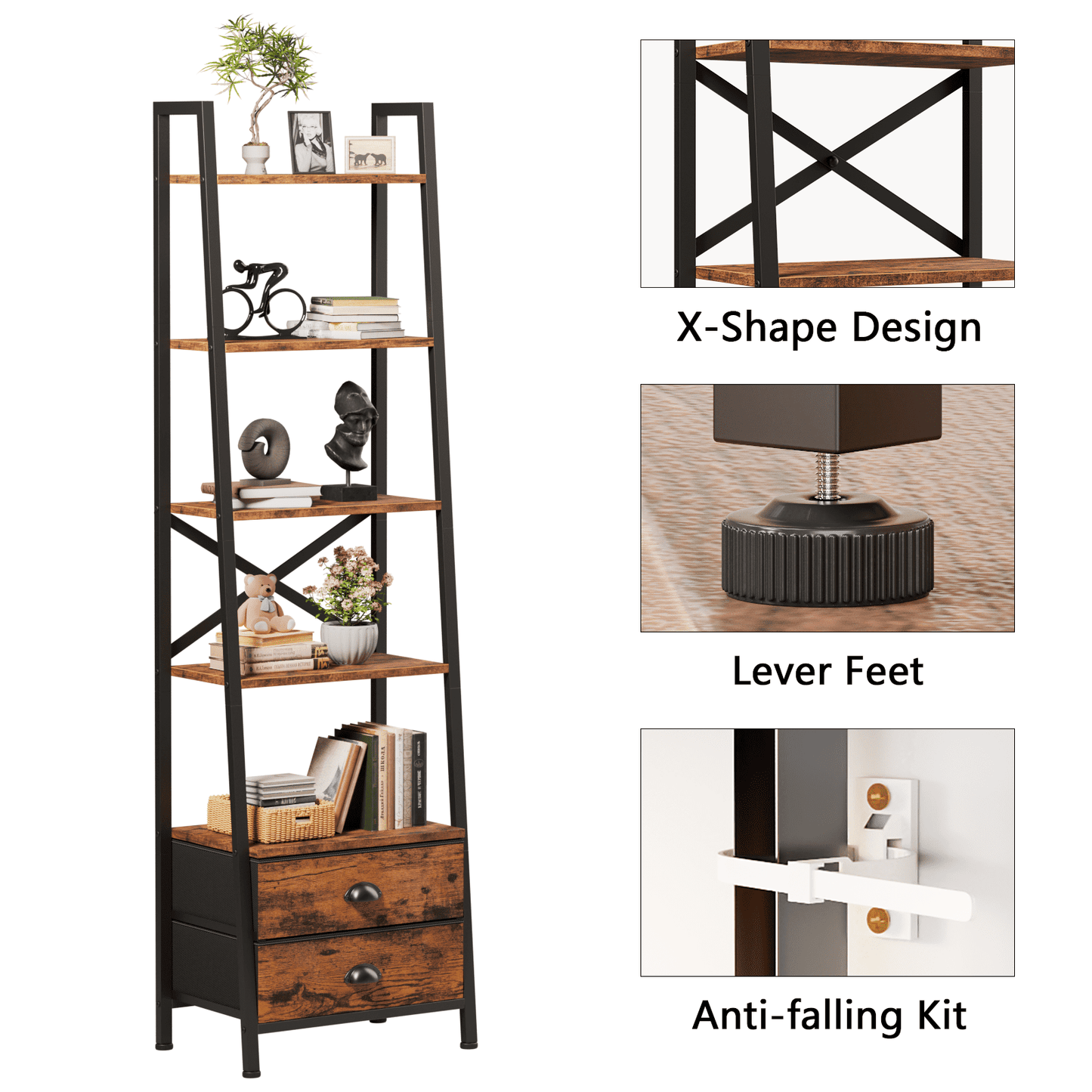 Tydimor 5-Tier 64"H Industrial Bookshelf with 2 Removable Drawers Narrow Bookcase for Living Room,Rustic Brown