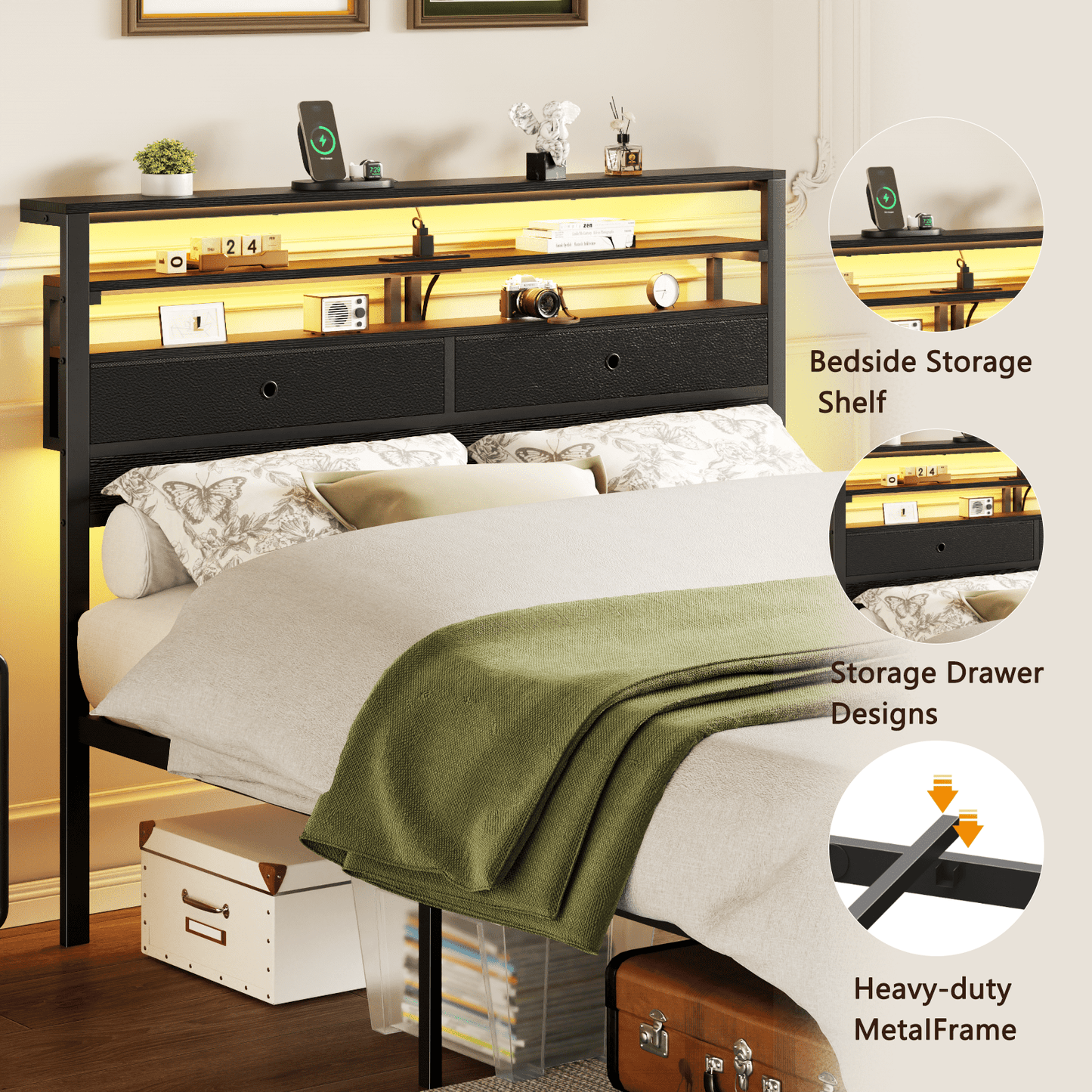 Tydimor Full Size Bed Frame with 2 Storage Drawers Headboard, LED & Charging Station, Black oack