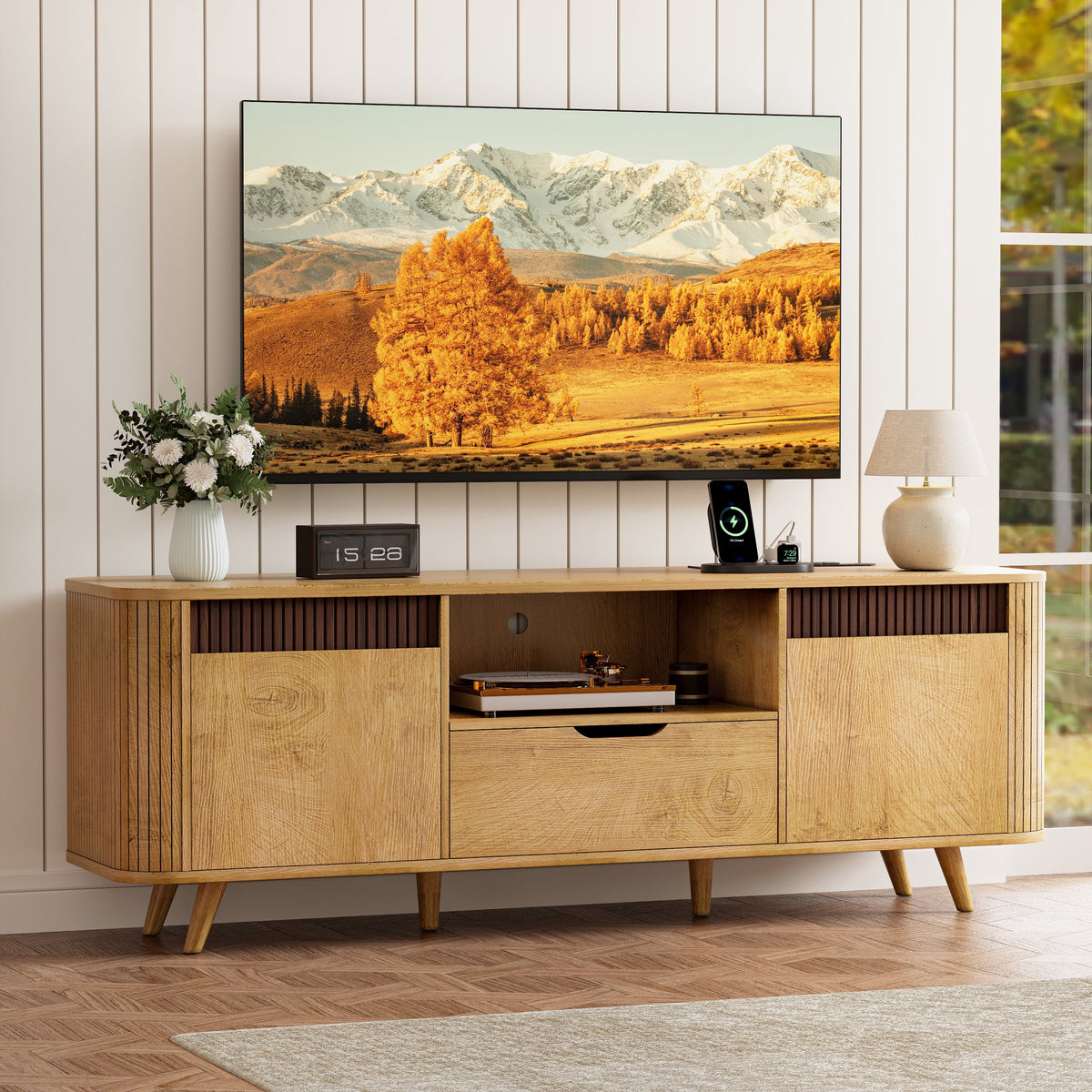 Tydimor TV Stands with Power Outlets, Entertainment Center Dresser for Living Room, Media Console Table with 2 Cabinets & 1 Drawer, Natural