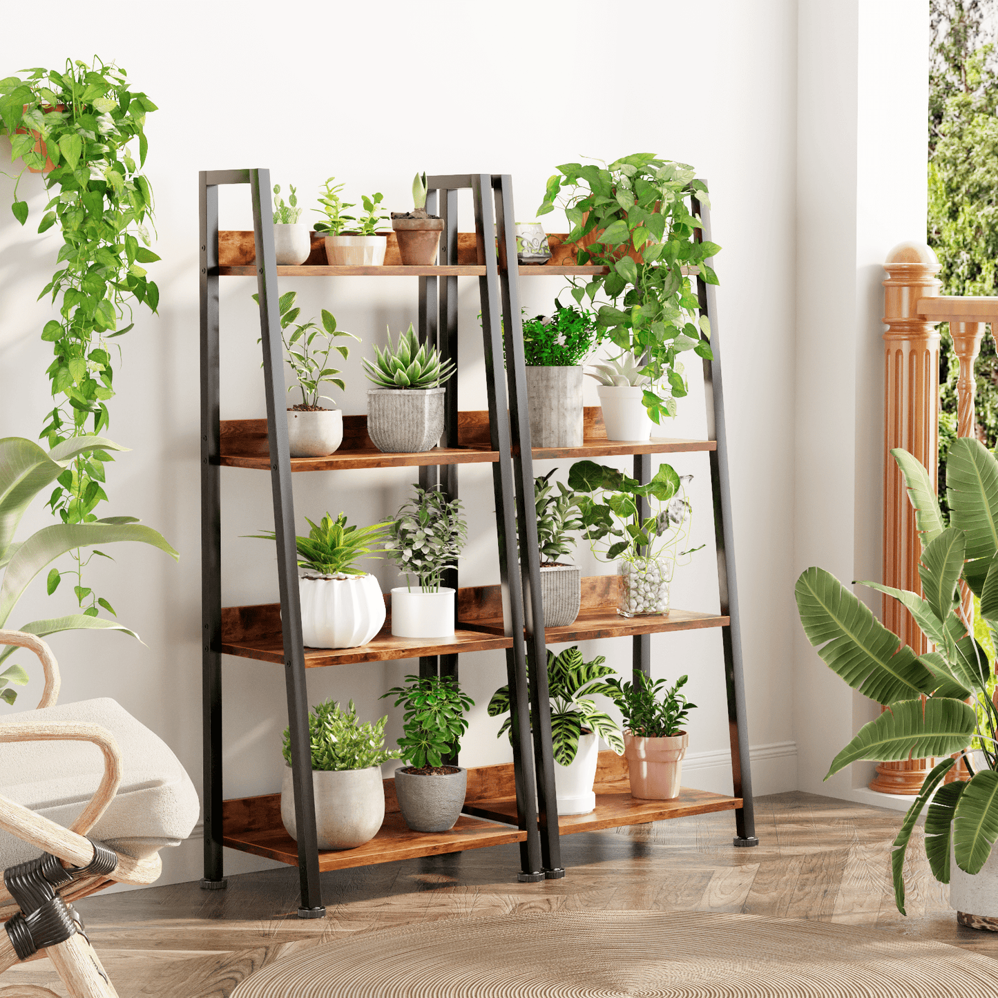 Tydimor 4-Tier Ladder Bookshelf With Drawer, Leaning Bookcase Storage Display Shelf,Rustic Brown