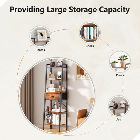 Tydimor 5-Tier 59.5" Ladder Bookshelf with Removable Drawers Narrow Bookcase for Living Room,Rustic Brown