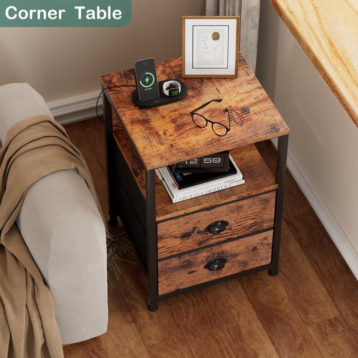 Satifur Nightstand Set of 2, Side End Table with Charging Station, 2 Drawers, Rustic Brown
